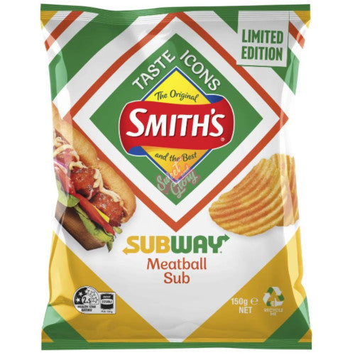 Front of Smith's Subway Meatball Sub Limited Edition bag featuring the brand logo, meatball sub image, and 150g pack size.