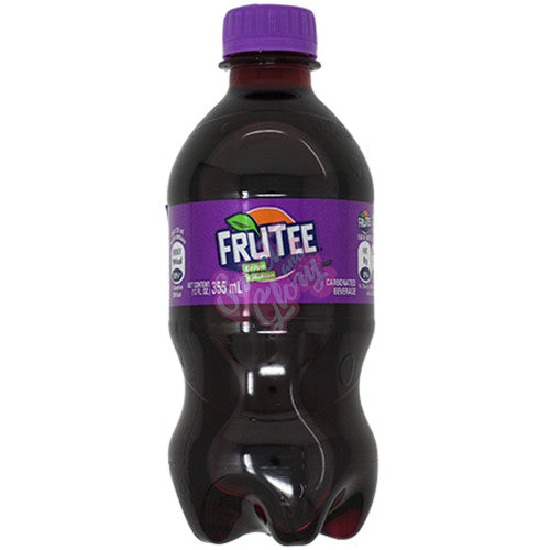 Front of Fanta Frutee Grape Xplosion bottle showing vibrant purple label, grape flavour graphics, and 355ml size indication.