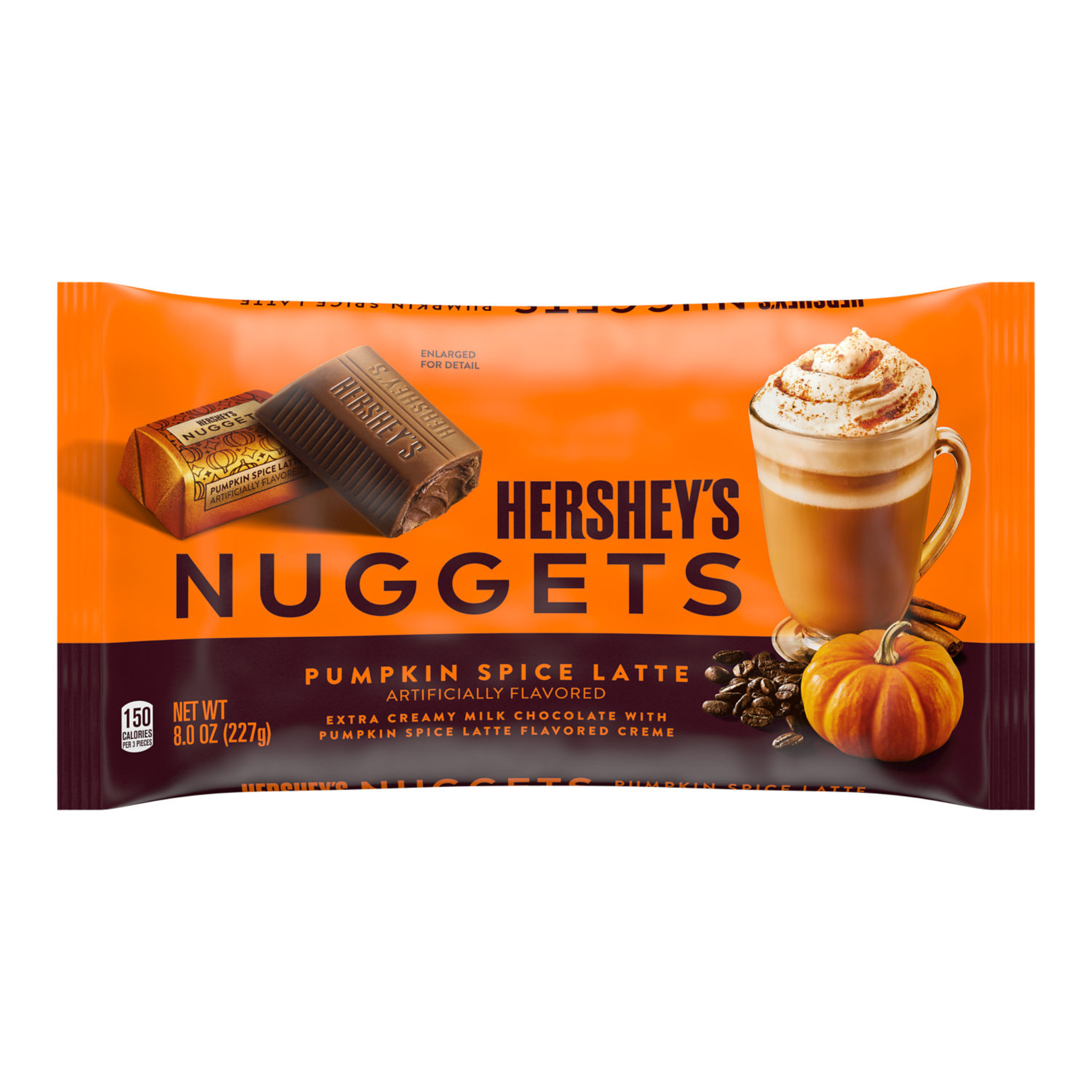 Front of Hershey’s Nuggets Pumpkin Spice Latte bag showing the logo, pumpkin spice latte image, and pack size (227g)