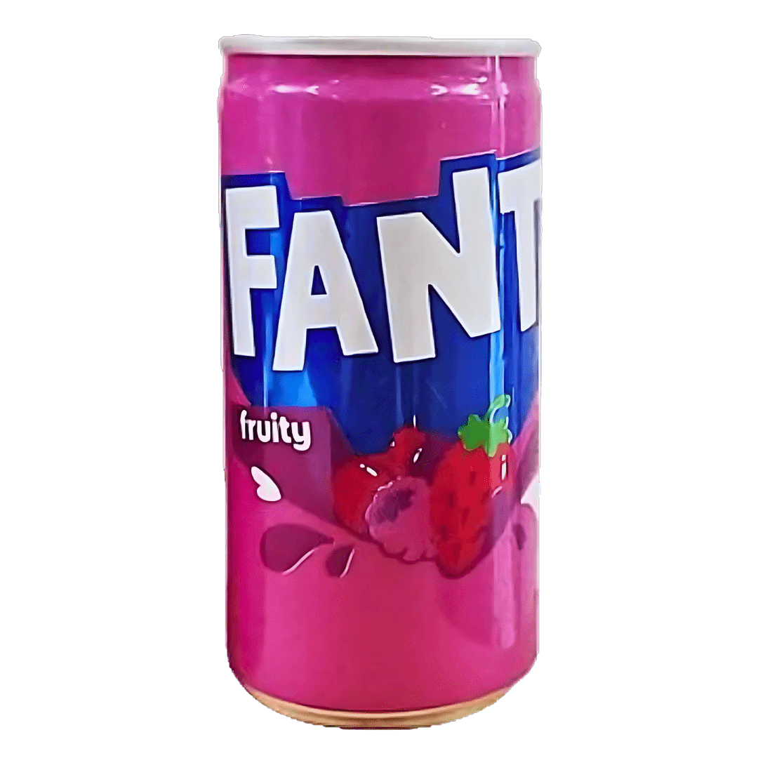 Front of Fanta Fruity Flavour can showing bold blue logo, fruity flavour label, and vibrant pink design (185ml pack)