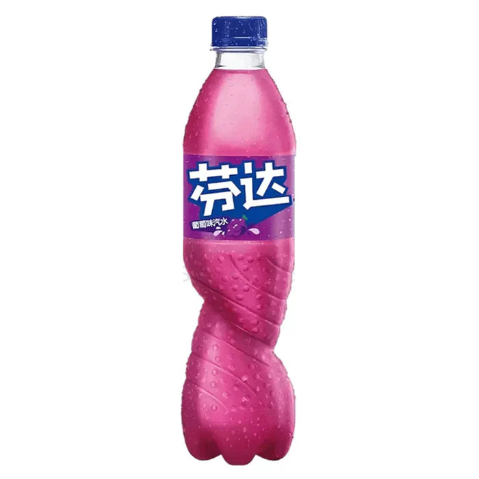 Front of Fanta Grape (China) bottle featuring a blue and white label, vibrant grape beverage, and 500ml size indication.