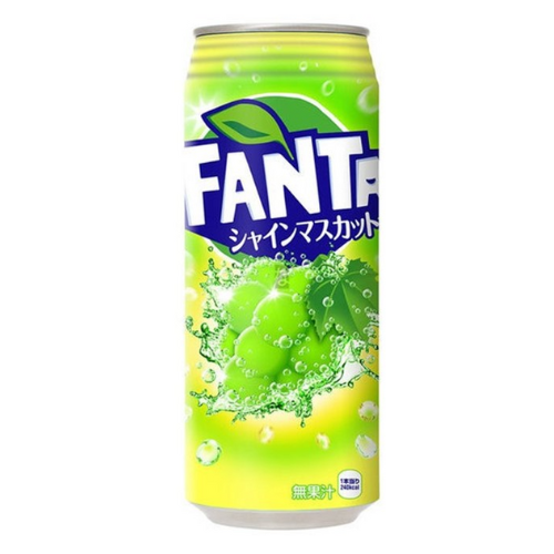 Front of Fanta Green Grape can featuring bold logo, green grape imagery, and refreshing bubbles (500ml)