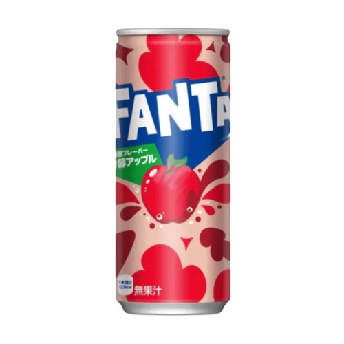 Front of Fanta Juicy Apple can showing Fanta logo, red apple illustration, and bubbles on a light background (250ml)