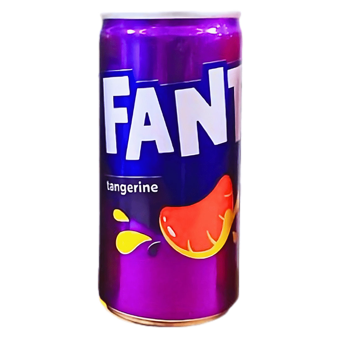 Front of Fanta Tangerine Flavour can featuring vibrant tangerine colour, bold Fanta logo, and graphical tangerine design (185ml can)