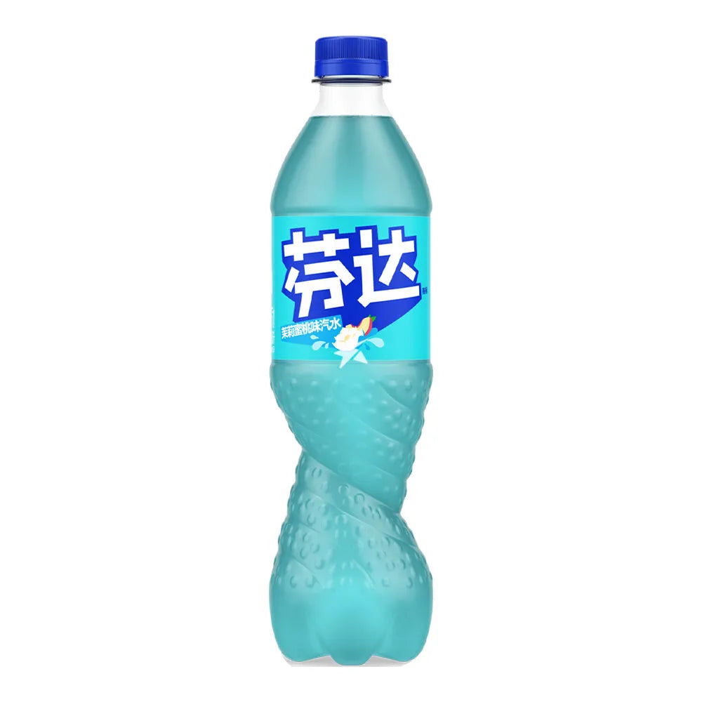 Front of Fanta Jasmine Peach (China) 500ml bottle showing vibrant label with jasmine and peach illustrations and logo