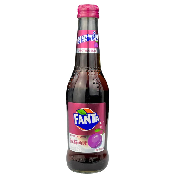 Front of Fanta Sour Plum Glass Bottle (China) showing the logo, sour plum flavour label, and 275ml pack size.