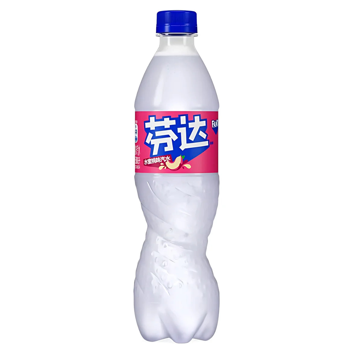 Front of Fanta Peach (China) bottle showing pink label with peach illustration and logo, 500ml pack size.