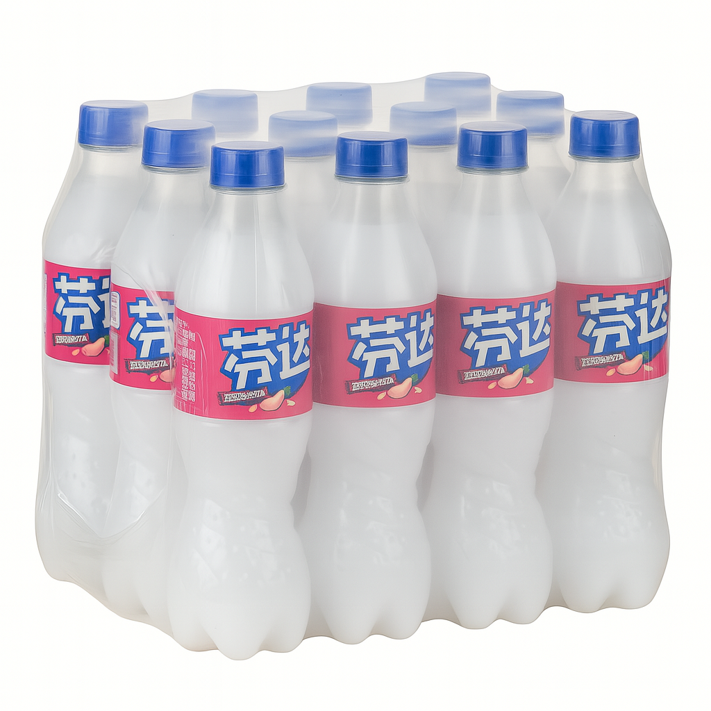 Front of Fanta Peach (China) case showing vibrant label design with peach imagery, packaging containing 12 x 500ml bottles