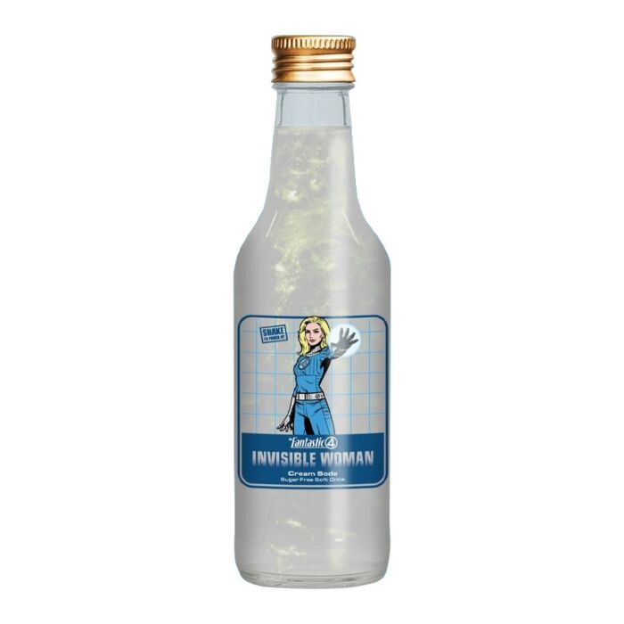 Front of Fantastic Four Invisible Woman Cream Soda bottle showing logo with an illustration of a woman in blue and the 330ml label.
