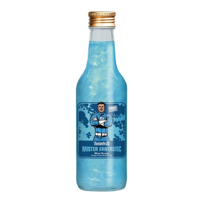Front of Fantastic Four Mr Fantastic Blue Grape bottle showing blue label, soft drink details, and character illustration (330ml pack)