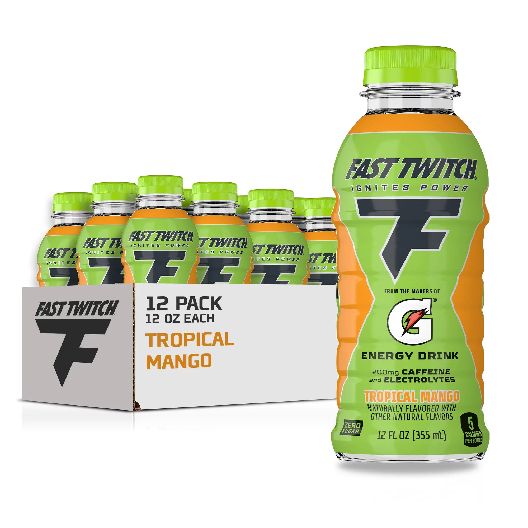 Front of Gatorade Fast Twitch Tropical Mango Energy Drink bottle showing logo, tropical mango flavour, and 12 pack details (355ml each)