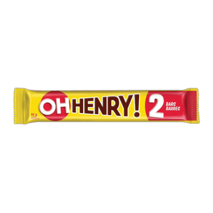 Front of an Oh Henry! King Size chocolate bar showing bright yellow packaging, logo, and details, with a weight of 85g.