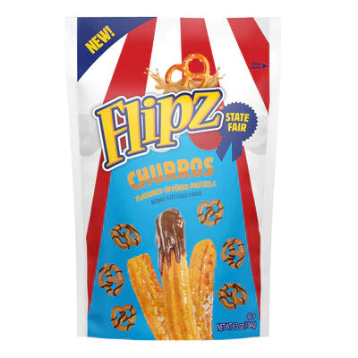 Front of Flipz State Fair Churros Pretzels bag showing vibrant design with churros and chocolate images, featuring the logo and 184g pack size.