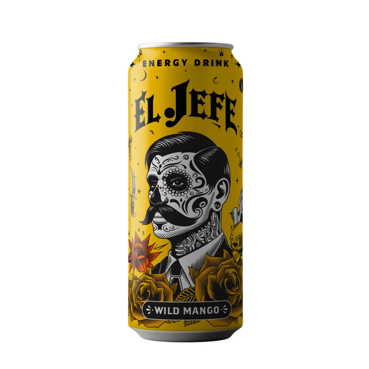 Front of El Jefe Energy Drink can showing bold design, wild mango flavour label, and 473ml volume