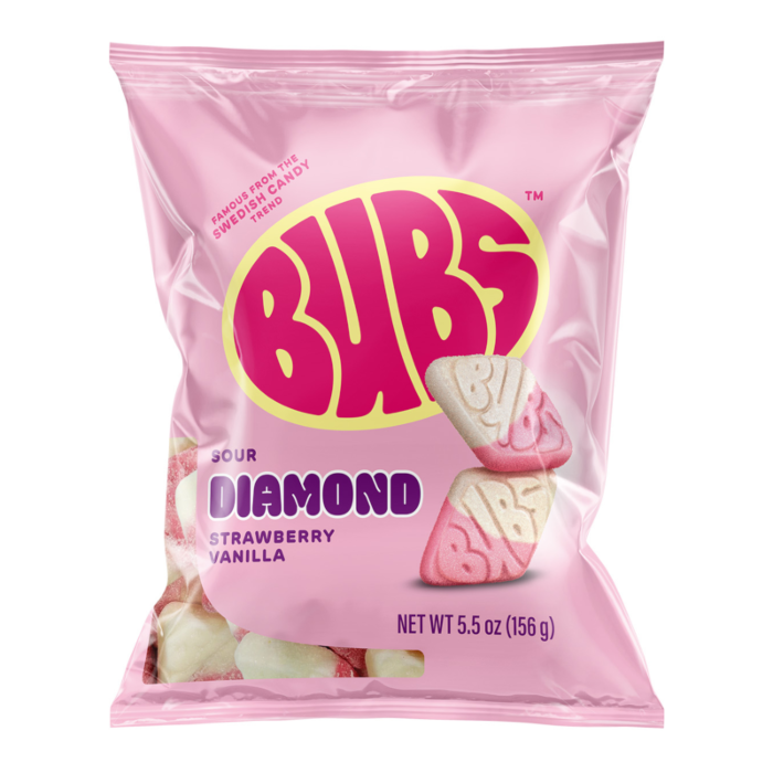 Front of BUBS Sour Strawberry Vanilla Diamonds bag featuring bright pink logo and diamond-shaped candies (156g pack)