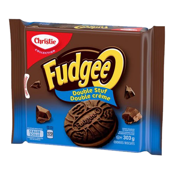 Front of Fudgee O's Double Stuff pack displaying the logo, chocolate cookies, and information about the 303g size