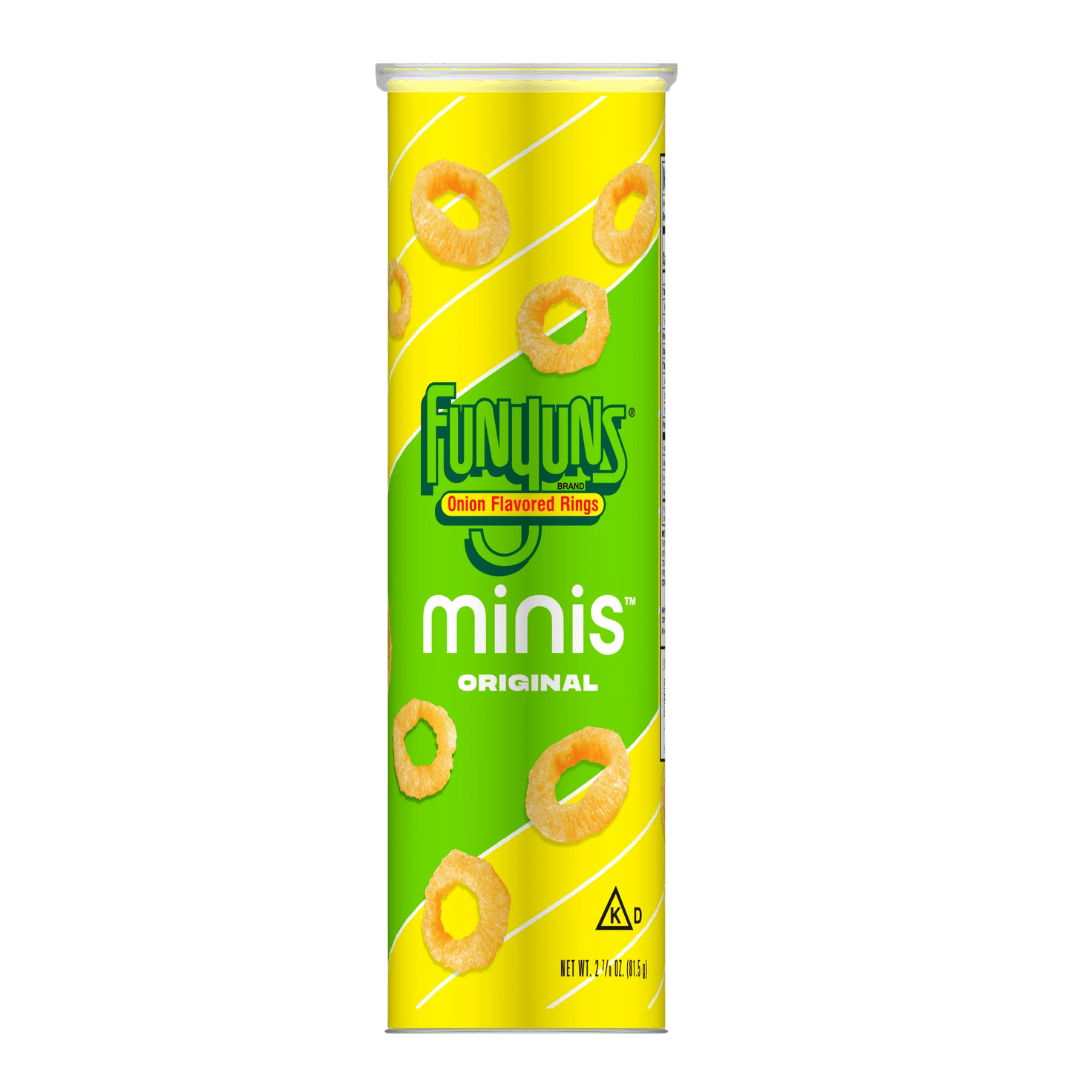 Front of Funyuns Canisters Minis Original showing vibrant yellow packaging with onion-flavoured rings and product title (81.5g)
