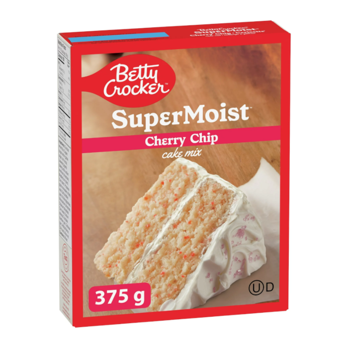 Front of Betty Crocker Super Moist Cherry Chip Cake Mix box featuring a cherry chip cake slice and pack size of 375g