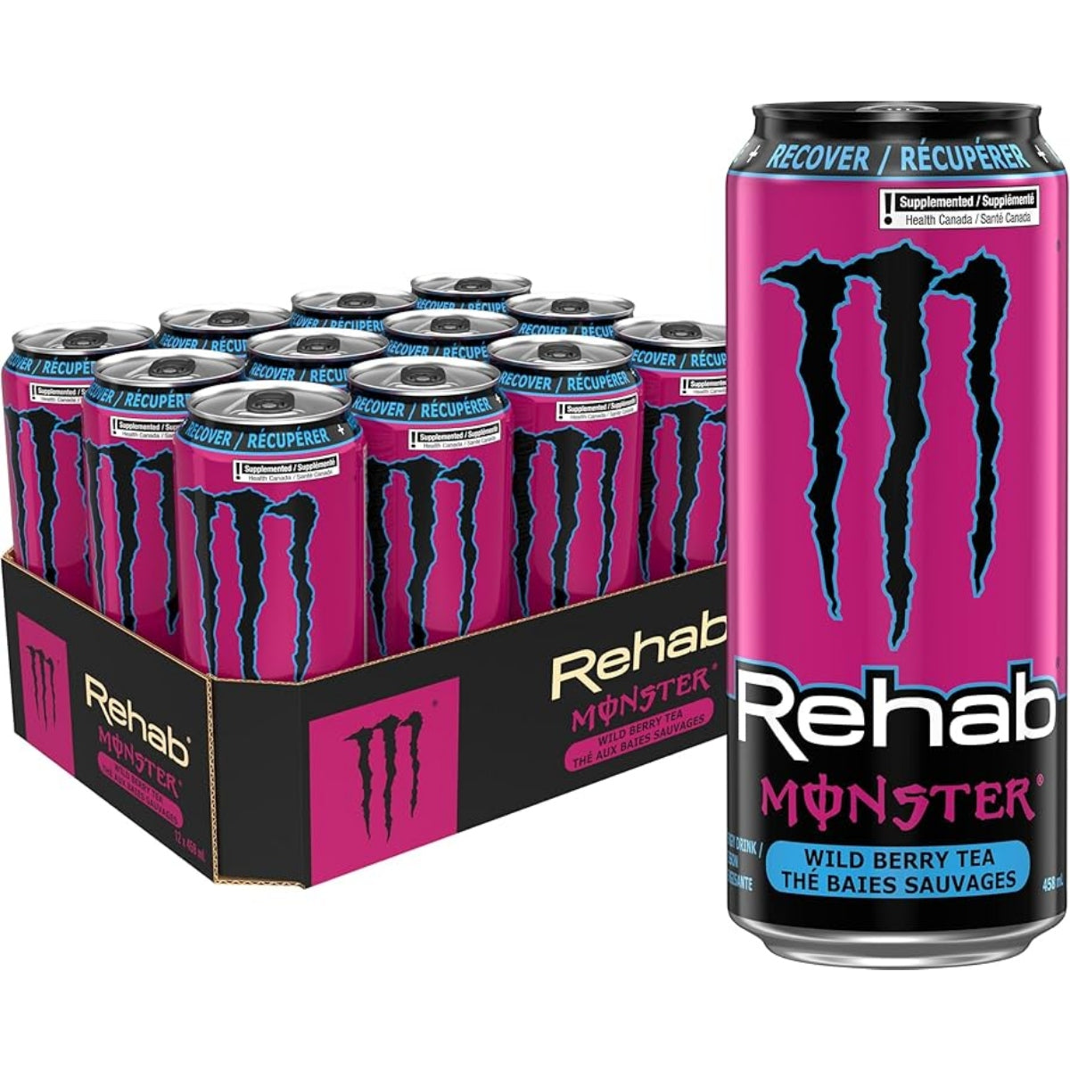 Front of Monster Rehab Wild Berry Tea can showing logo, wild berry flavour label, and packaging details (case of 12 x 458ml)