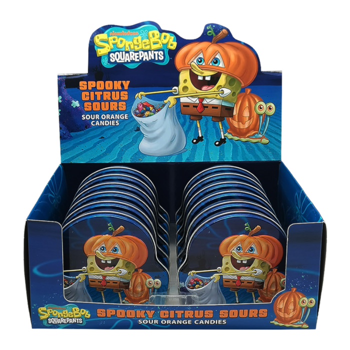Front of SpongeBob Spooky Citrus Sours Tin showing cartoon character with pumpkin head, sour orange candies label, and 42g pack size.