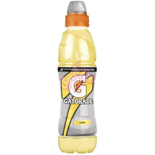 Front of Gatorade Lemon bottle showing the logo, lemon flavour label, and 500ml pack size.