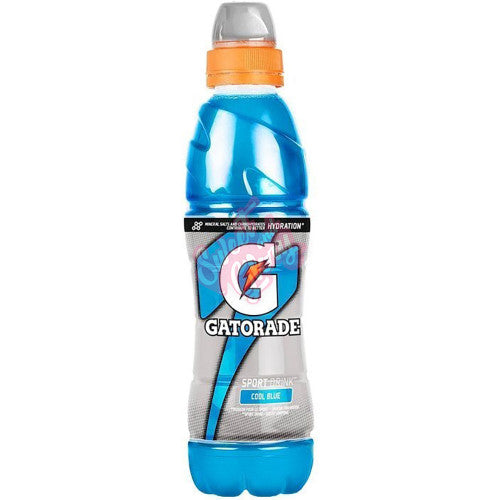 Front of Gatorade Cool Blue bottle displaying blue label with logo and details, featuring 500ml sports drink.