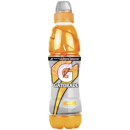 Front of Gatorade Orange 500ml bottle showing the logo, orange flavour label, and vibrant orange sports drink inside.