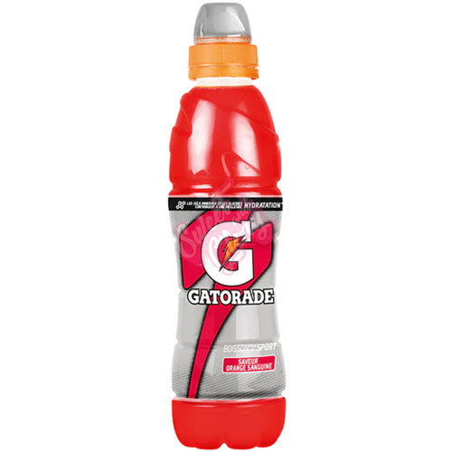 Front of Gatorade Blood Orange bottle featuring vibrant orange drink, Gatorade logo, and 500ml size label.