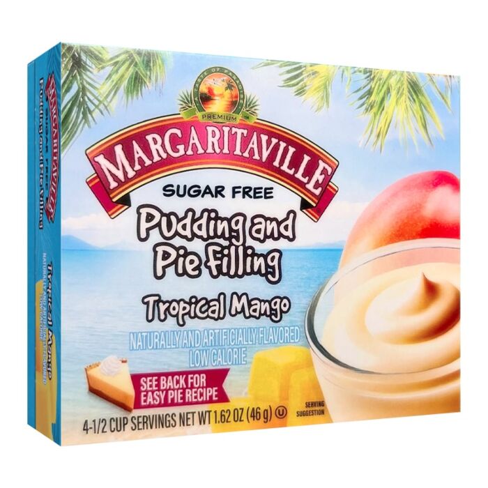 Front of Margaritaville Sugar Free Tropical Mango Pudding Mix box displaying logo, tropical mango flavour, and pack size (46g)