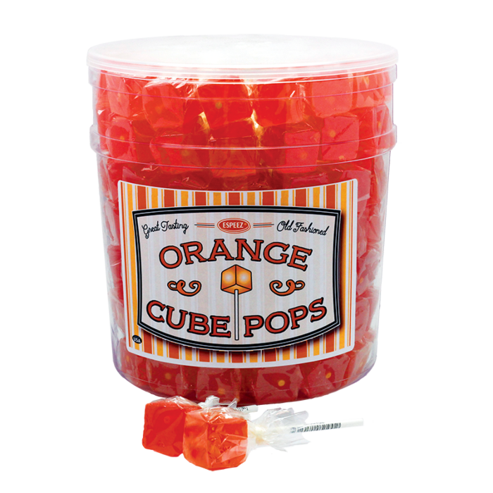Front of Espeez Orange Cube Pops tub showing the logo, orange flavour label, and colourful candy pieces (21g)