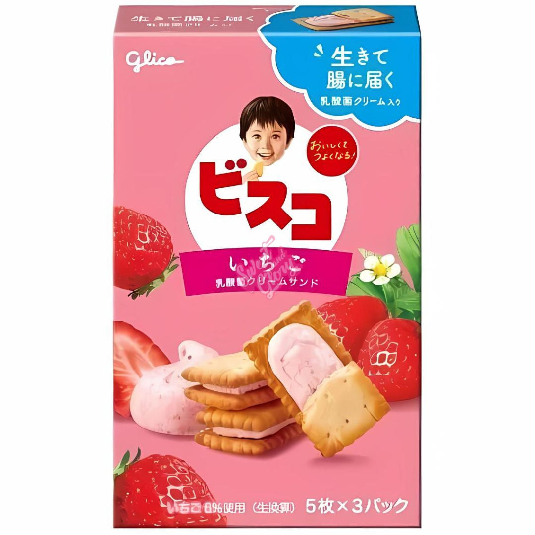 Front of Glico Strawberry Cream Biscuits packaging showing strawberry flavour cream filling, vibrant design, and pack size (81g)