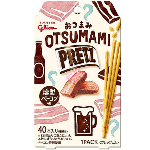 Front of Glico Otsumami Pretz Smoked Bacon pack showing the logo, images of pretzel sticks, and details indicating 24g pack size