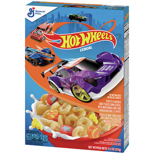 Front of Hot Wheels Cereal box displaying vibrant logo, fruity cereal with marshmallow bits, and imagery of race cars (317g pack)