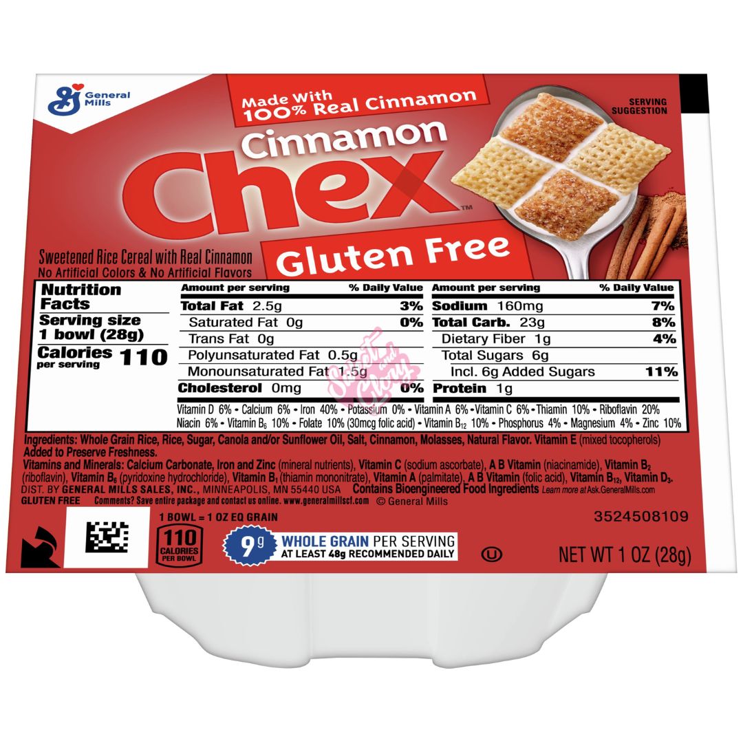 Front of Chex Cinnamon Cereal Bowls pack showing bold orange logo, cinnamon flavour label, and image of cereal in a bowl (28g pack)
