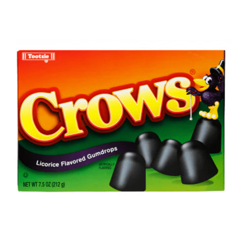Front of Crows Licorice Flavored Gumdrops Theatre Box showing the Crows logo, black gumdrops, and bright coloured packaging (184g pack)
