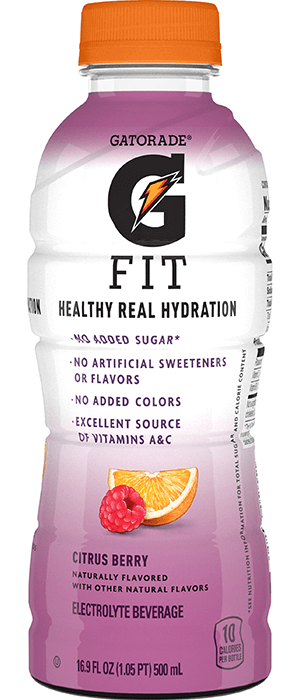Front of Gatorade Fit Healthy Real Hydration Citrus Berry bottle showing logo, citrus berry flavour label, and 500ml pack size.