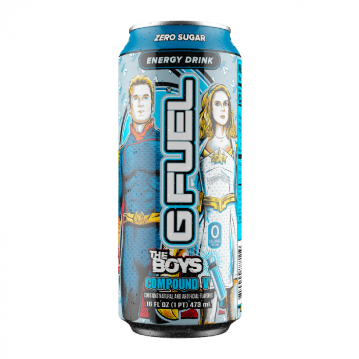 Front of G FUEL The Boys Compound V Energy Drink can featuring bold characters, ginseng citrus berry flavour label, and 473ml pack size.