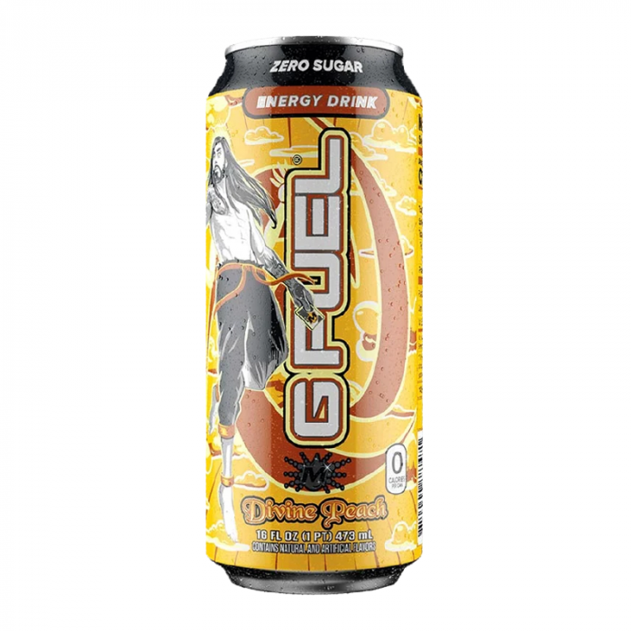 Front of G FUEL MoistCr1TiKal Divine Peach Kiwi Peach Dragonfruit Flavour Energy Drink can (473ml) showing logo, flavour details, and vibrant design