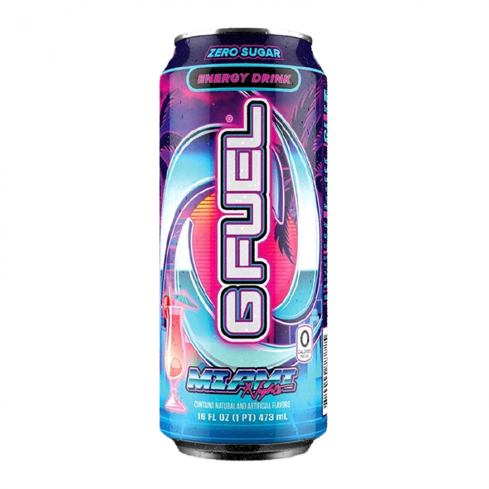 Front of G FUEL Miami Nights Strawberry Coconut Pineapple Flavour Energy Drink can showing bold logo and vibrant design (473ml pack)