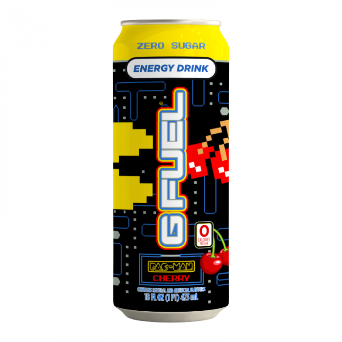 Front of G FUEL Pac-Man Power Pellet Cherry Lollipop Flavour Energy Drink can featuring bold graphics, cherry motif, and 473ml size indication