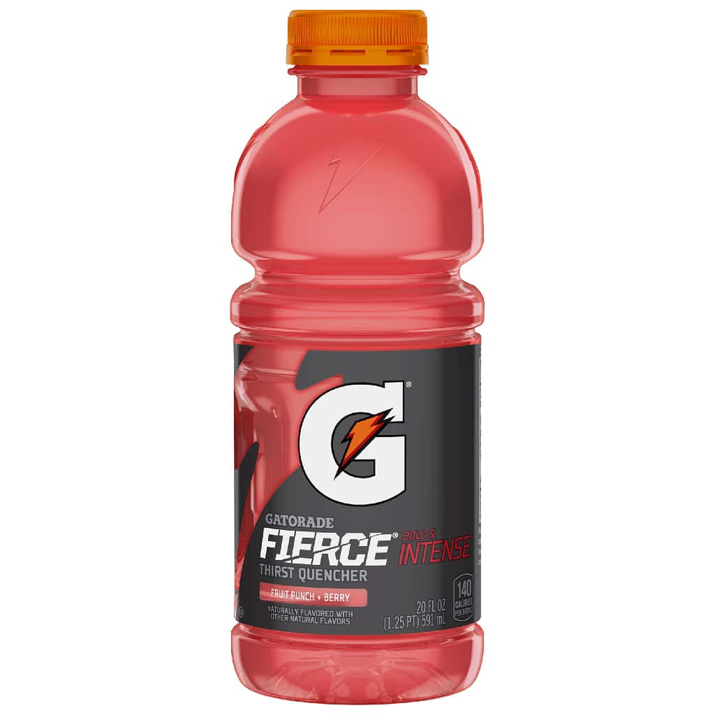 Front of Gatorade Fierce Fruit Punch Berry bottle featuring bold red design, logo, and thirst quencher details (591ml pack)