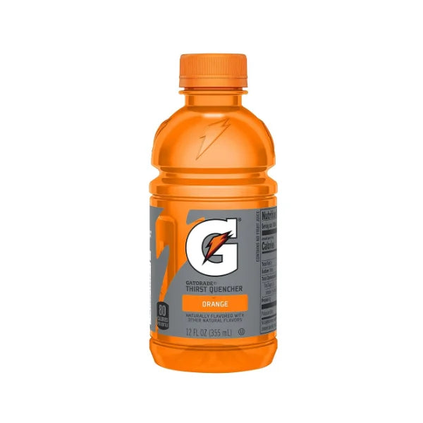Front of Gatorade Orange bottle featuring bold logo, vibrant orange drink, and 355ml label.