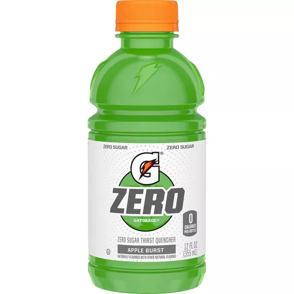Front of Gatorade Zero Apple Burst bottle showing Gatorade logo, apple burst flavour label, and 355ml pack size details.