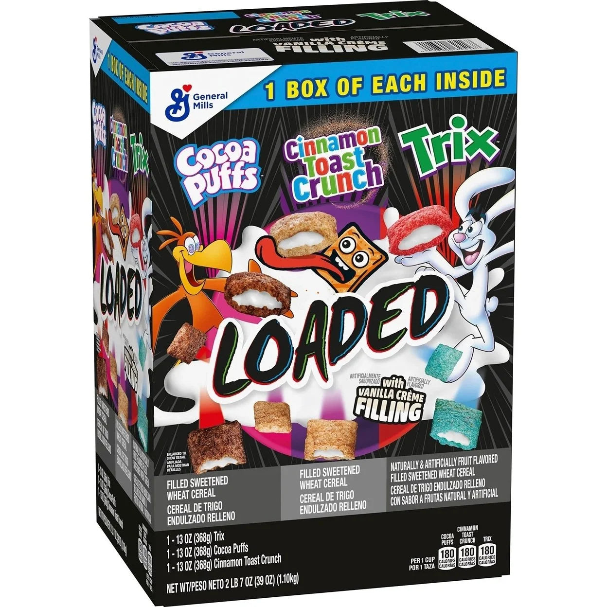 Front of General Mills Loaded Cereal Variety Pack showing Cocoa Puffs, Cinnamon Toast Crunch, and Trix with vanilla cream filling (1.1kg pack)
