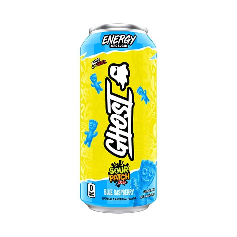 Front of Ghost Sour Patch Kids Blue Raspberry Energy Drink can featuring bold logo, blue raspberry flavour label, and vibrant design (473ml)