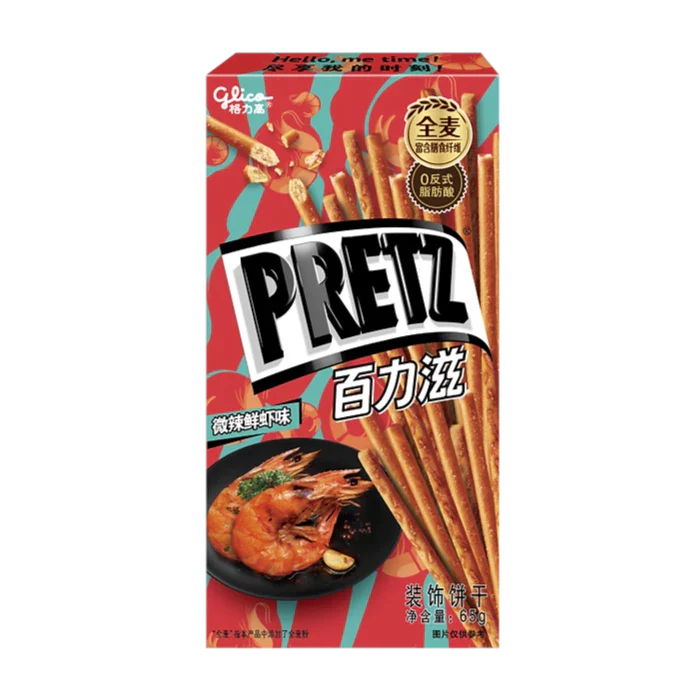 Front of Glico Pretz Spicy Shrimp (60g) packaging featuring the black logo, spicy shrimp illustration, and crunchy snack sticks.