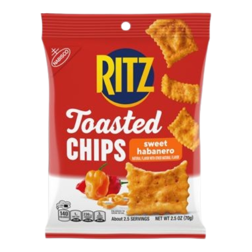 Front label of Ritz Bits Toasted Chips Sweet Habanero (70g), displaying flavour and branding.