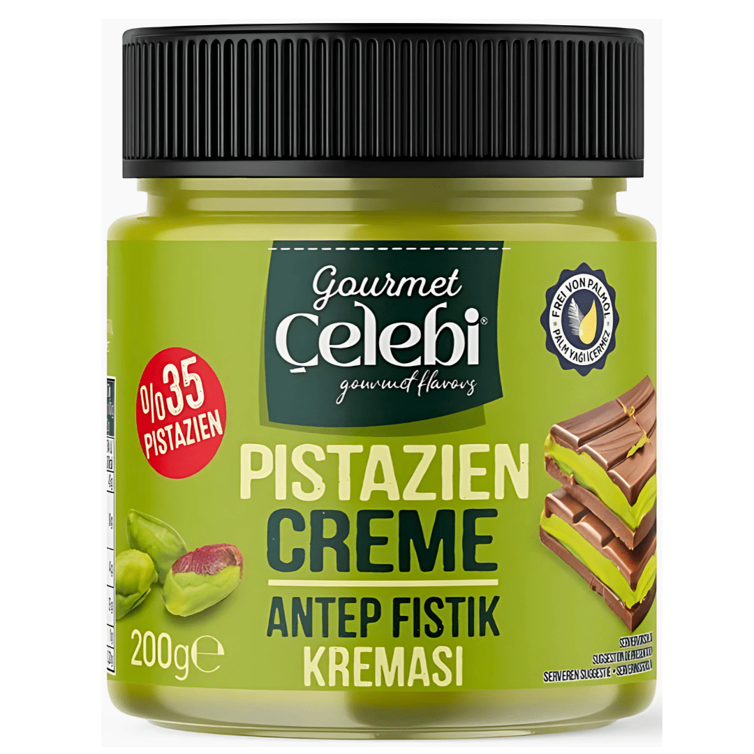 Front of Gourmet Celebi Pistachio Cream Spread jar showing green label, 200g size, and indications of 35% pistachios.