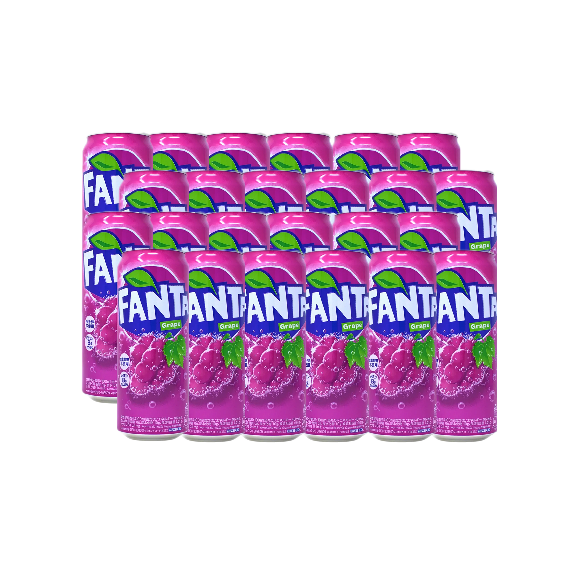 Front of Fanta Grape (Japan) case showing vibrant pink cans with the logo and grape flavour label, containing 24 x 500ml bottles