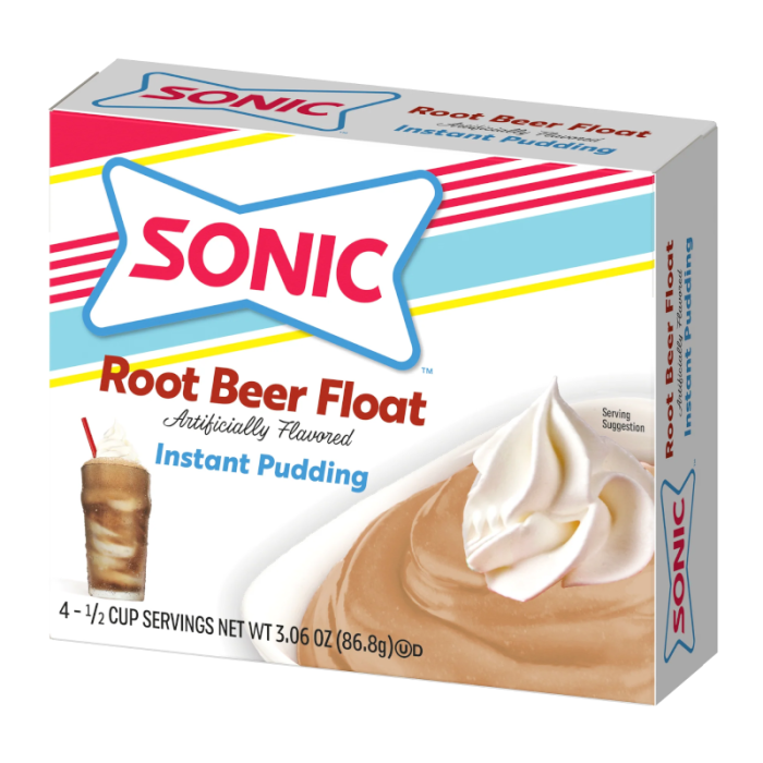 Front of Sonic Root Beer Float Instant Pudding box featuring bold logo, root beer flavour label, and creamy pudding image (86.8g pack)